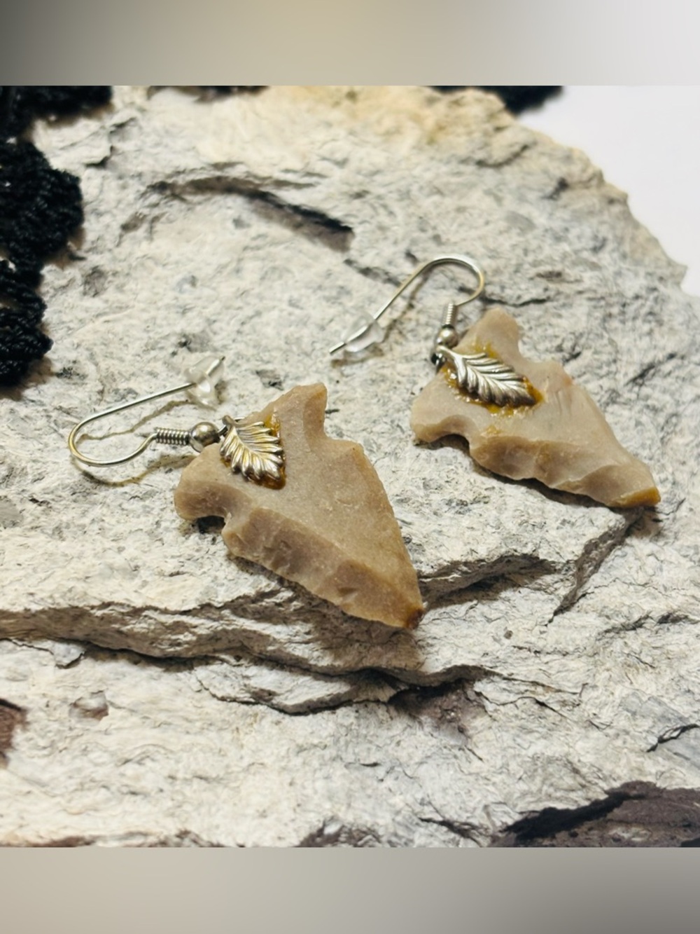 Western Wear Stone Arrowhead Drop Earrings Silver Leaf Accent